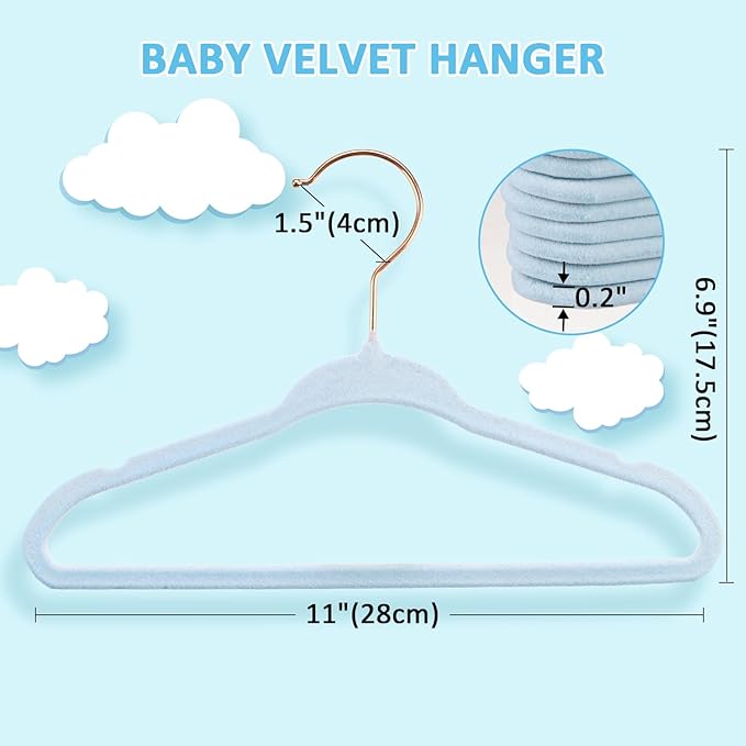 Tonswachic 30-Pack 11 Inch Baby Closet Hangers with 10 Clips - Soft Velvet Non-Slip Hangers for Infant & Toddler Clothes - Blue