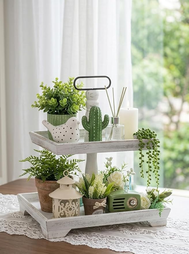Hanobe Tiered Tray for Table Decor: 4th of July 2 Tier Decorative Tray Stand for Coffee Bar - Large Farmhouse White Display Stands for Holiday - Wood for Kitchen Counter Decorations