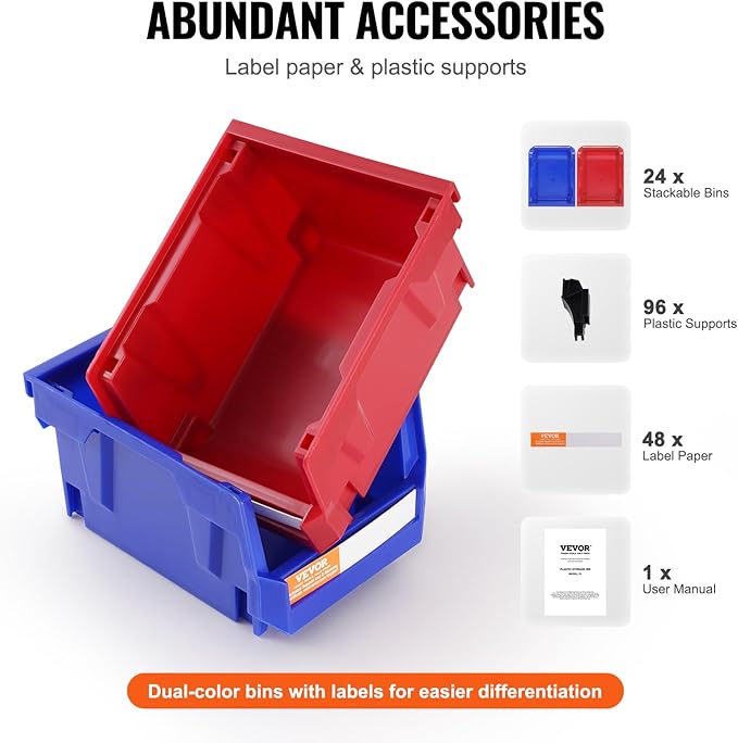 VEVOR Plastic Storage Bins 24 Pack (5 x 4 x 3-Inch), Hanging Stackable Storage Organizer Bins, Heavy Duty Stacking Containers for Closet, Garage, Office, or Small Parts Organization