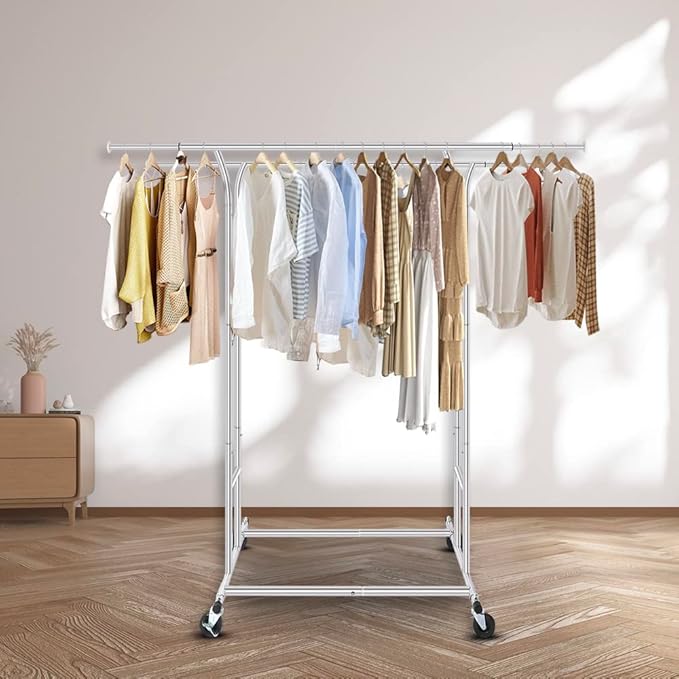 Fishat Silver Heavy Duty Double Rod Garment Clothes Rack for Hanging Clothes Chrome, Commercial Rolling Organizer Commercial Metal with Lockable Wheels Mobile for Coats Dresses