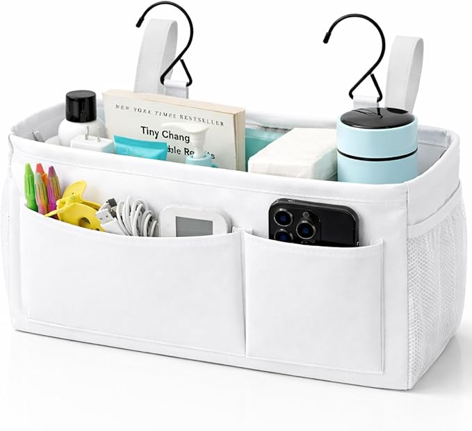 Lifewit Bedside Caddy Storage Organizer, Hanging Storage Bag with Fixed Straps, Book Remotes Holder for Home, College, Dorm, Bunk, Hospital, Crib Bed Rails, White