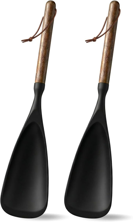 2-Pack Silicone Spoonula with Wooden Handle, BPA-Free Spatula Spoon for Nonstick Cookware, Heat Resistant Cooking Spoon for Mixing, Scraping, Scooping and Serving(Black)