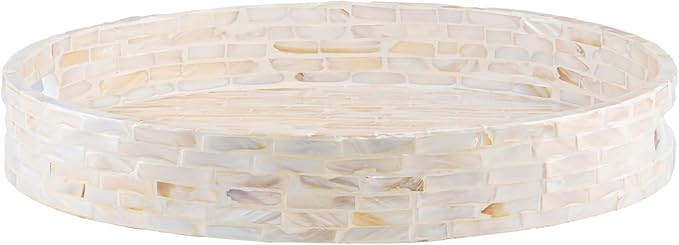 PEMAR 12.6” Decorative Round Serving Tray, Mother of Pearls Inlaid Coffee Table Tray w Insert Handles,Nacred Wooden Ottoman Tray,Bedroom Tray,Cabin Tray. Decorative Platter Basket Tray (White Pattern)