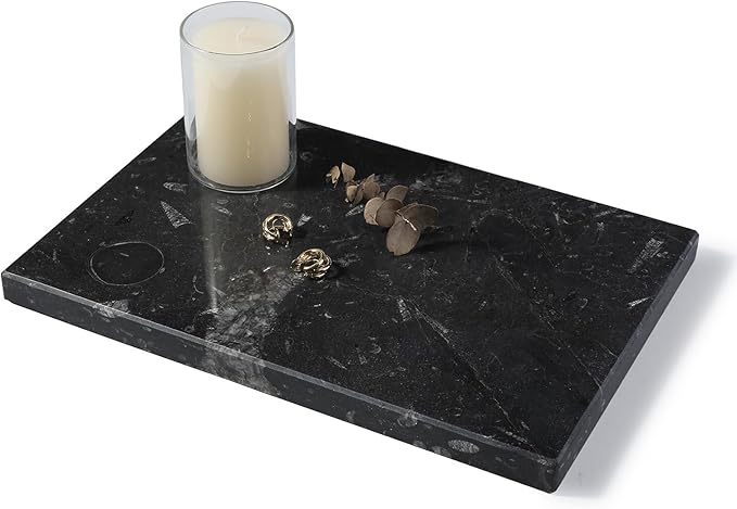 Natural Moroccan Fossil Stone Tray - Black Marble Decorative Serving Board for Charcuterie, Cheese, Pastry - Jewelry, Candles, Perfume, Trinket Plate, Kitchen & Home Decor Centerpiece 12"x 8"