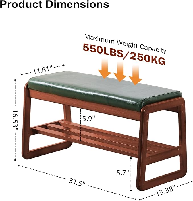 SOBIBO Solid Wood Shoe Bench, 2-Tier Wooden Entryway Bench, Modern Shoe Rack with Faux Leather Cushion for Hallway, Living Room (Green, 31.5'')