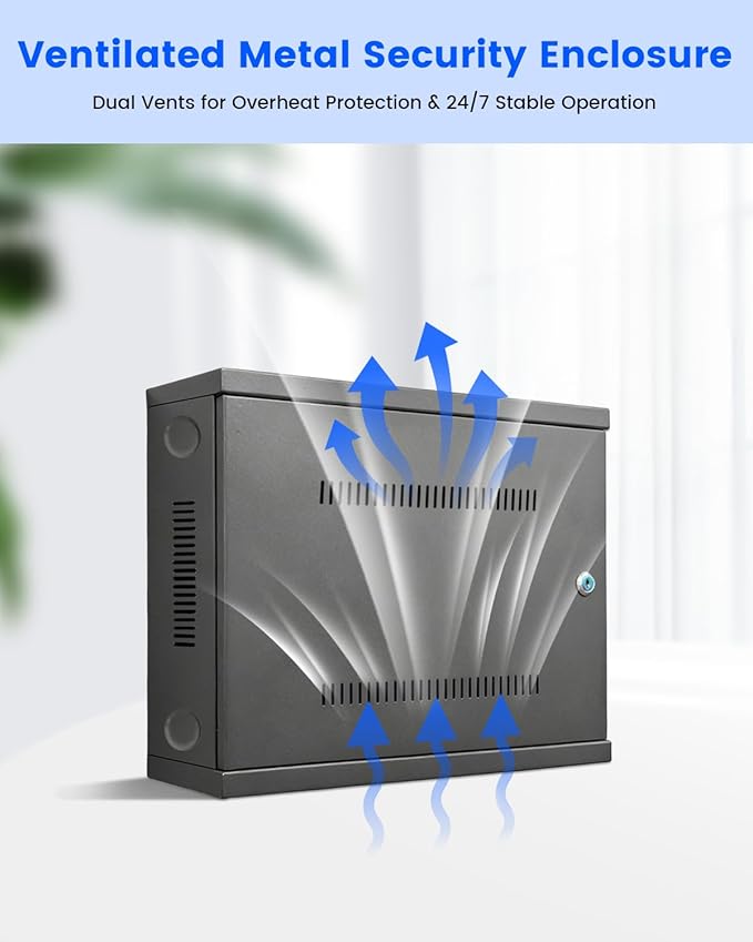 Heavy Duty DVR Lock Box & NVR Enclosure, Lockable Steel Cabinet for CCTV Security Systems, Wall Mount with Ventilation and Built-in Cable Management
