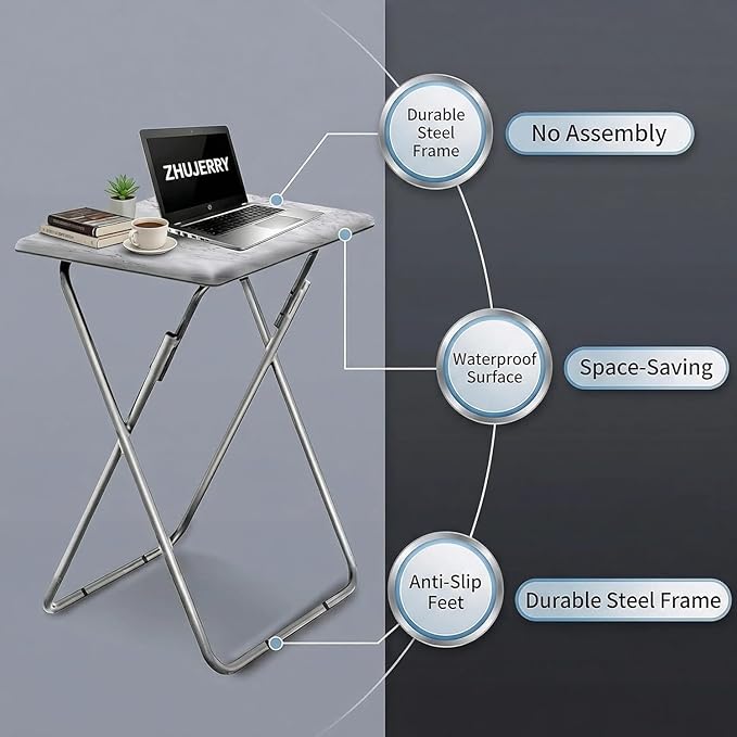 Tv Trays Folding Tv Table, Dinner Table for Eating with Sturdy Metal Frame, Small Foldable Snack Trays Table for Living Room, Couch,Sofa, Bed, No Assembly Required (White Marble 2-Piece Set)