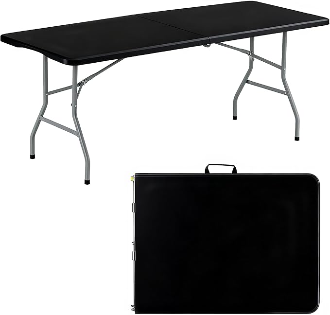 Folding Table 6FT Portable Heavy Duty Plastic Table with Carrying Handle Fold-in-Half Utility Foldable Tables for Parties Wedding Events Dining Indoor Outdoor Picnic (Black)