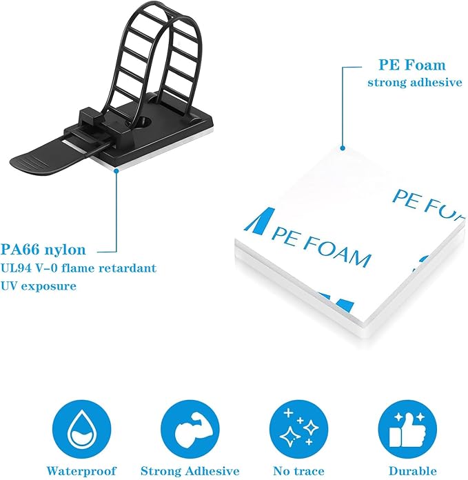 Adjustable adhesive cable management clips 50Pcs, large self adhesive cable ties clips ，Suitable for cable management under desks and on walls(Black)