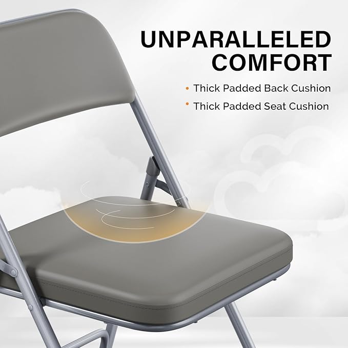 VINGLI Padded Folding Chairs with Comfortable Thick Padding and Steel Metal Frame, Portable, Storable Indoor/Outdoor Seating for Office Events, Wedding Party, Dining, PU, Gray, 1 Pack