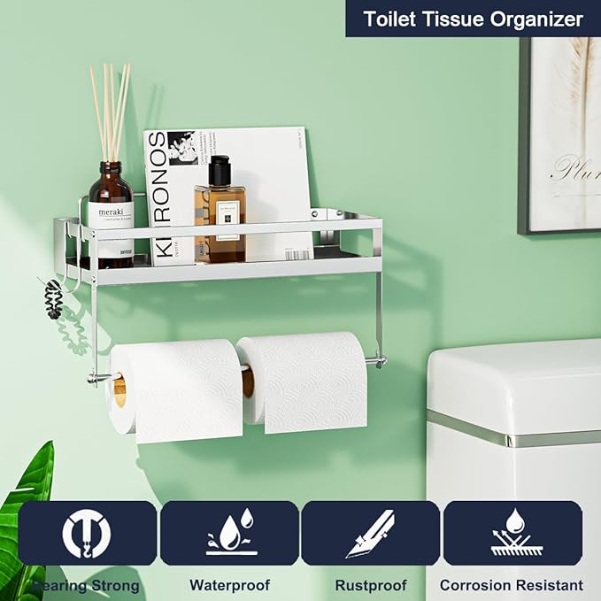 ESOW Paper Towel Holder with Shelf Storage, 2-in-1 Wall Mounted Paper Towel Roll Rack Basket for Kitchen, Balcony & Bathroom, Self-Adhesive or Drilling Installation, SUS304 Brushed Nickel Finish