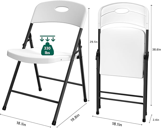8 Pack White Folding Chair, Plastic Portable Stackable Commercial Seats with Steel Frame 350lb, Heavy Duty Foldable Chair for Indoor and Outdoor, Patio, Office, Picnic, Kitchen, Events