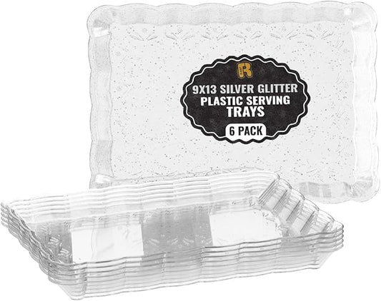 6 Pack Silver Glitter Plastic Serving Trays for Party, 9 x 13 Inch - Heavy Duty Plastic Silver Trays for Food - Rectangular Party Serving Platters
