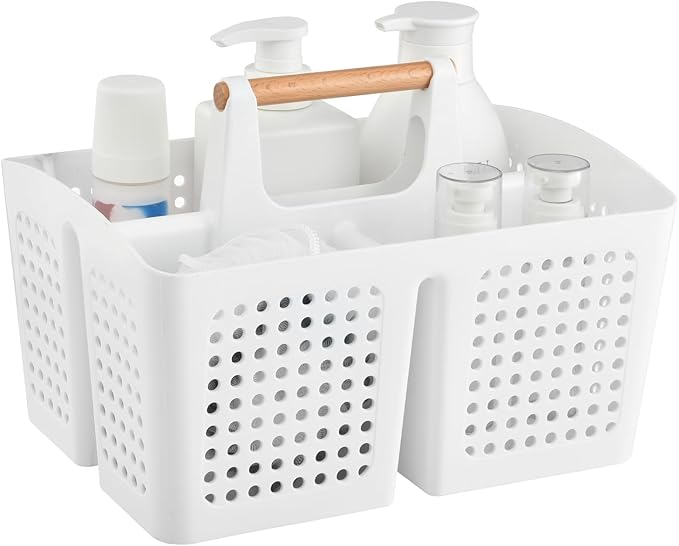 Portable Shower Caddy Basket with Wood Handle, 3-Compartment Bathroom Organizer Tote with Drain Holes, Plastic Shower Basket for Dorm, Toiletries, Cleaning Supplies, White