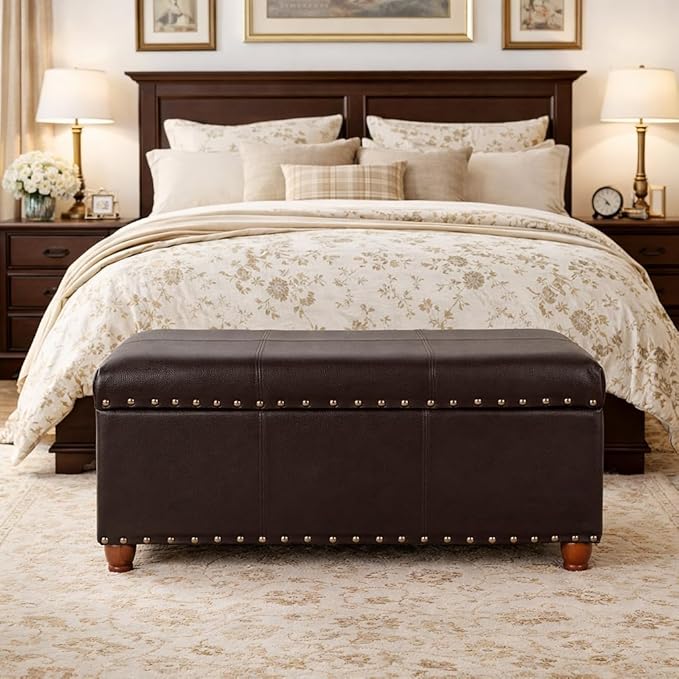 HomePop Faux Leather Cocktail Storage Bench, Brown