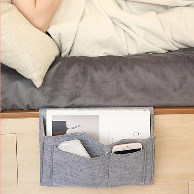 Bringsine 5 Pockets Bedside Caddy, Felt Bed Storage Organizer Hanging Bag Holder for Magazine Book Phone Tablet iPad Cables Remote and Water Bottle Holder Home Dorm Bed Sofa-Light Gray