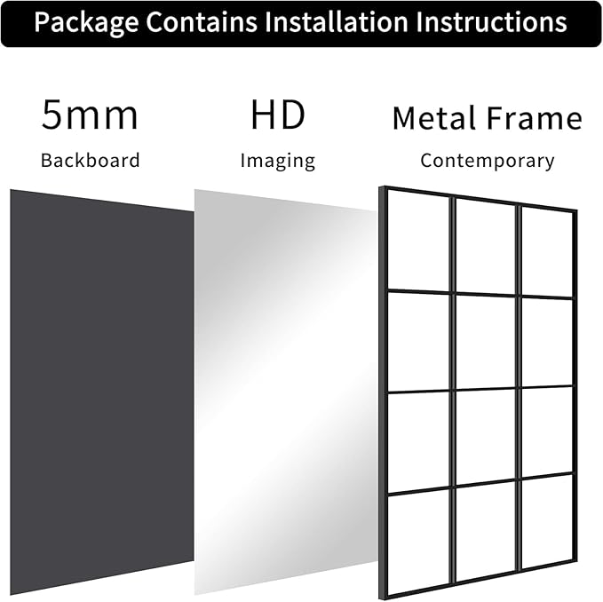 Dewfig Rectangle Window Mirror Wall Mounted, 30"x47"in Window Pane Mirror Wall Decor Metal Framed, Large Black Mirrors for Bedroom Living Room Fireplace Entryway Hanging or Leaning Against Wall,Black
