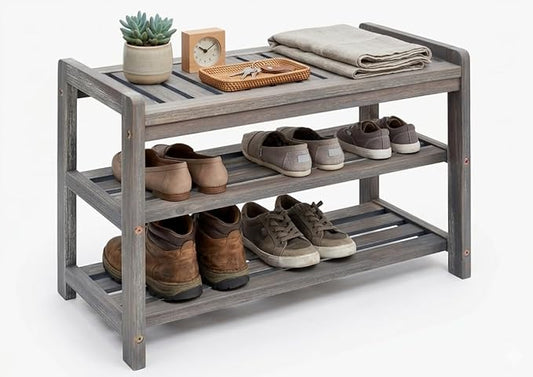 27-Inch Wooden Shoe Bench for Entryway, 3-Tier Storage Organizer, Rustic Shoe Rack Bench for Narrow Spaces, Brush Grey