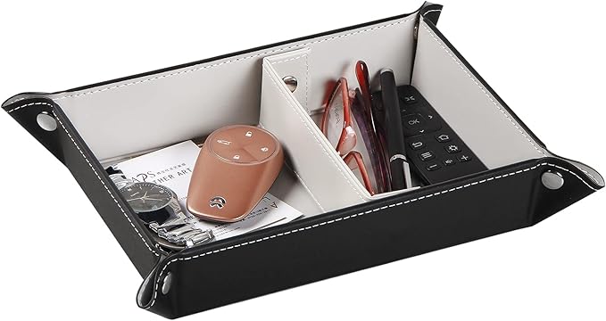 YAPISHI Key Tray Large for Men Leather Entryway Dish Bedside Catchall Bowl 2 Dividers Nightstand Organizer Caddy Travel Valet Tray for Wallet Coins Change Dice Watch Phone, Sundries Holder (Grey)
