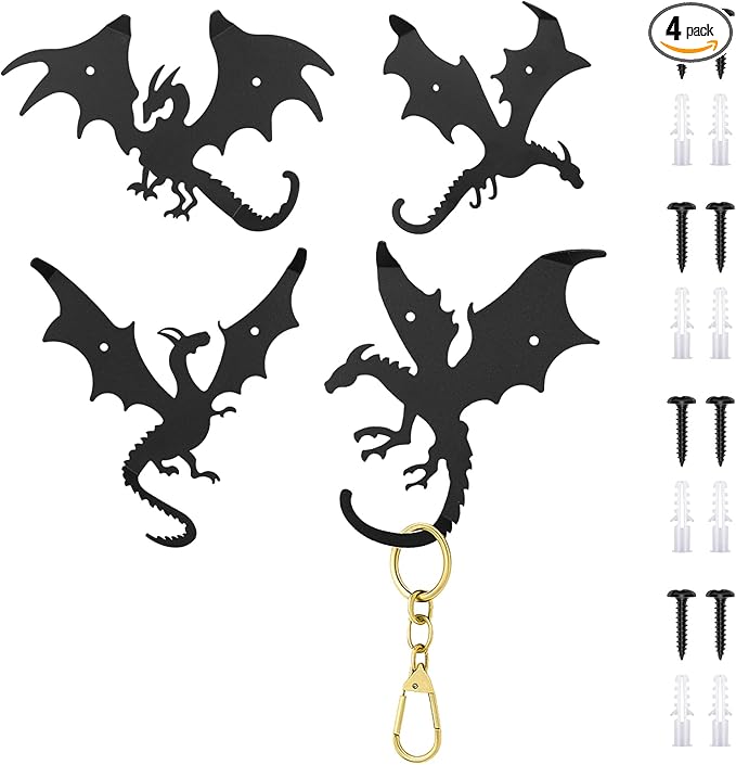 4 Pcs Dragon Wall Hooks Metal Dragon Key Holder Coat Rack Decorative Hanger Matte Black Fantasy Decor for Shelves, Keys, DIY Wall Organizers, 4 Flying Designs (Classic Style)