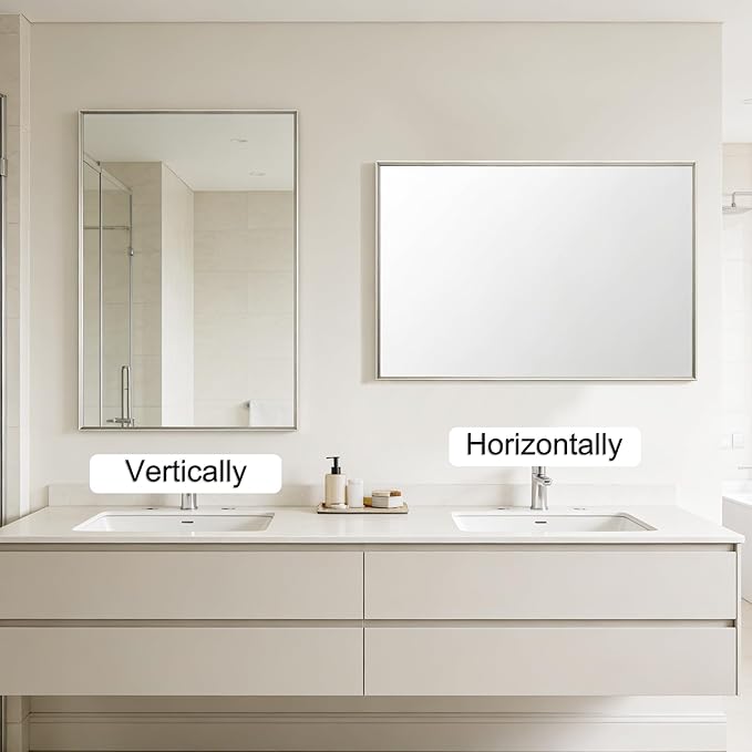 Bathroom Mirror for Wall, 30x40 Inch Metal Framed Mirror, Brushed Nickel Rectangle Mirror, Bathroom Vanity Mirror Farmhouse, Tempered Glass, Anti-Rust, Hangs Horizontally or Vertically