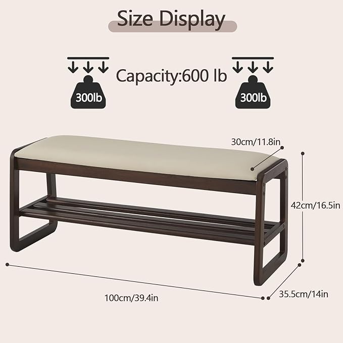 Achicsofar Shoe Rack Bench,2 Tier Wooden Entryway Bench with Shoe Storage, Shoe Rack with Cushion for Living Room, Hallway(Pu Beige, 39.4")