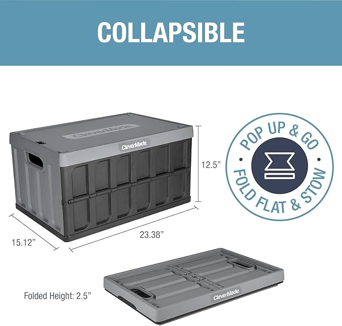CleverMade Collapsible Storage Bins with Lids (62L, 3 Pack) – Heavy Duty Foldable Plastic Storage Crates for Garage, Closet & Trunk Organization - Stone