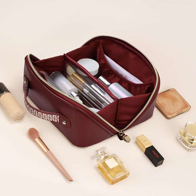 Prite Makeup Bag for Women Travel Waterproof Vegan Leather Cosmetic Bag Open Flat Toiletry Bag With Clear Divider and Handle (Dark Red, Medium)