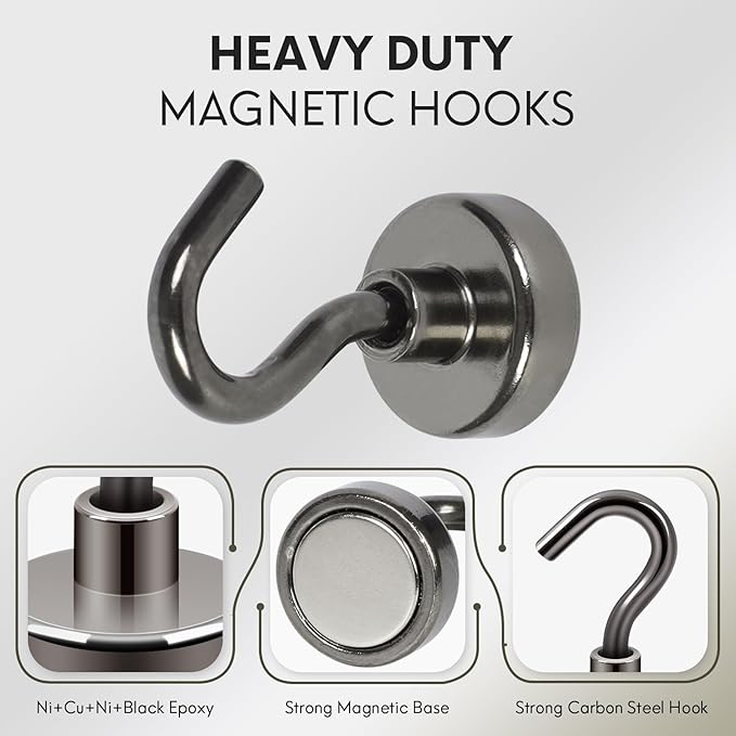 Neosmuk Magnetic Hooks, Heavy Duty 30lb+ Strong Magnet Hook for Cruise Cabins, Cruise Essentials 2026 for Hanging, Metal Wall Refrigerator Hangers (Gunmetal, 10 Pack)