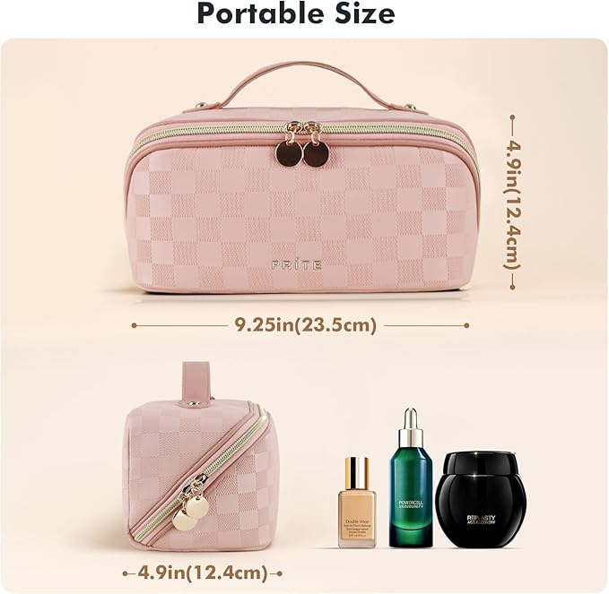 Prite Makeup Bag for Women Travel Waterproof Vegan Leather Cosmetic Bag Open Flat Toiletry Bag With Clear Divider and Handle (Plaid Pink, Medium)