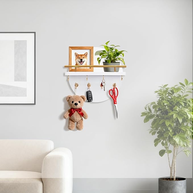 Key Holder Wall Mount with Shelf and Hooks, 11.8 Inch Entryway Gold Key Holder for Wall Decor (White&Gold)
