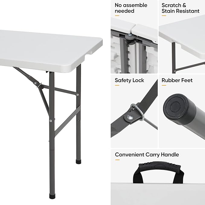 ZENY 4ft Portable Folding Table Plastic Indoor Outdoor Picnic Party Camp Dining Table with Handle, White