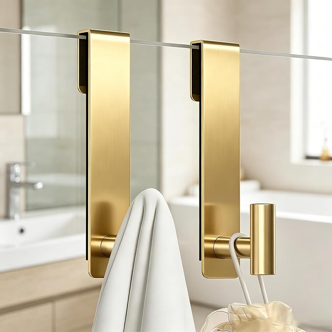 HUFEEOH 2-Pack Over The Door Hooks, Stainless Steel Door Hanger for Towels & Coats, Bathroom Towel Rack Coat Rack, Tool-Free Hooks for Hanging (Gold, Fits 3/8" Thick Door - T Shape 2 Pack)
