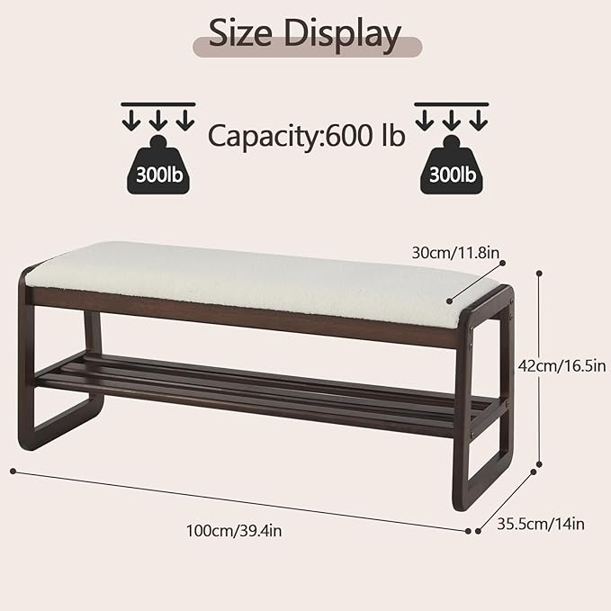 Achicsofar Shoe Rack Bench,2 Tier Solid Wooden Entryway Bench with Shoe Storage, Shoe Rack with Cushion for Living Room, Hallway(Cream White, 39.4")