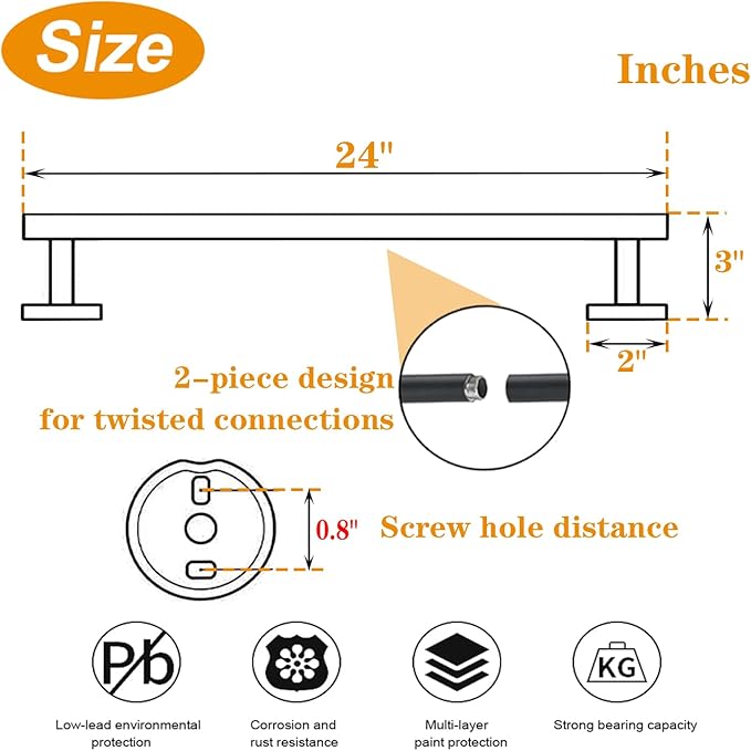 TocTen Bath Towel Bar - Thicken SUS304 Stainless Steel Bathroom Towel Holder, Towel Rod for Bathroom Heavy Duty Wall Mounted Towel Rack Hanger (24IN, Black)