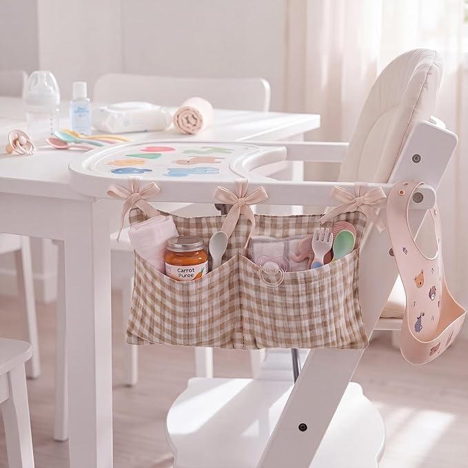 Gingham Crib Organizer Hanging Cotton Baby Bedside Hanging Storage Bag Storage Crib Organizer Baby Nappy(Beige)