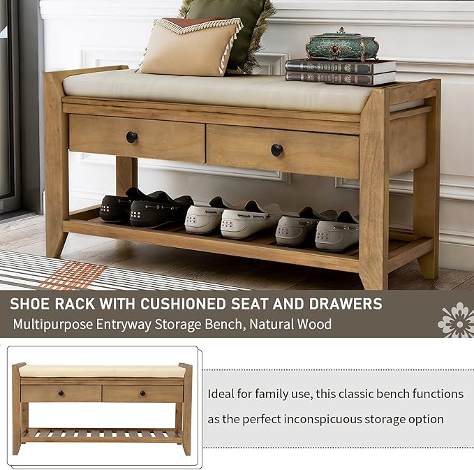 LUMISOL Storage Bench, Shoe Rack with Upholstered Seat and 2 Drawers, Solid Wood Entryway Storage Bench with Shoe Rack for Entryway, Living Room, Bedroom, Old Pine