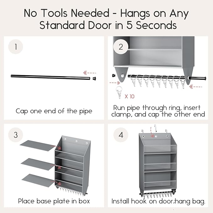 Homsorout Over the Door Hat Rack - 3-Layer Design Hat Organizer Holds 30-36 Hats with 10 Hooks, Ideal Hat Rack for Door, Over the Door Organizer for Closet, Apartment, Bedroom, Dorm, 1 Pack, Grey