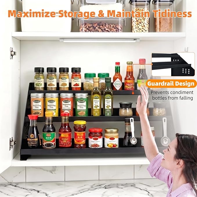 RICHMYC 3 Tier Spice Rack Organizer for Cabinet, Expandable Metal Spice Organization Shelf, Adjustable Step Seasoning Organizer for Countertop and Pantry, Anti-Slip Kitchen Spices Storage Display