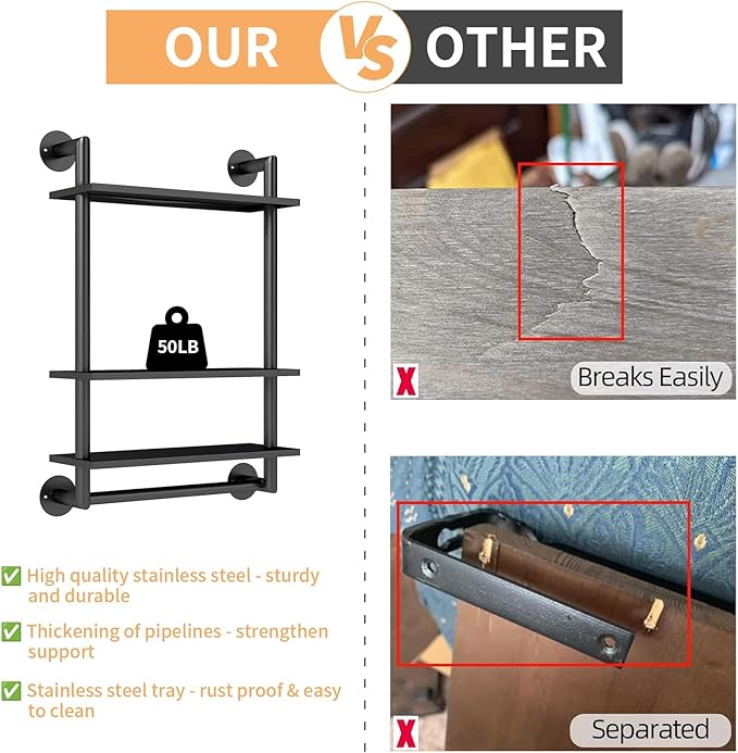 STWWO Bathroom Shelves Wall Mounted, 3 Tier Black Bathroom Shelf with Towel Bar, 26in Stainless Steel Floating Pipe Towel Racks Over Toilet, Bathroom Wall Shelves Laundry Room Kitchen Storage