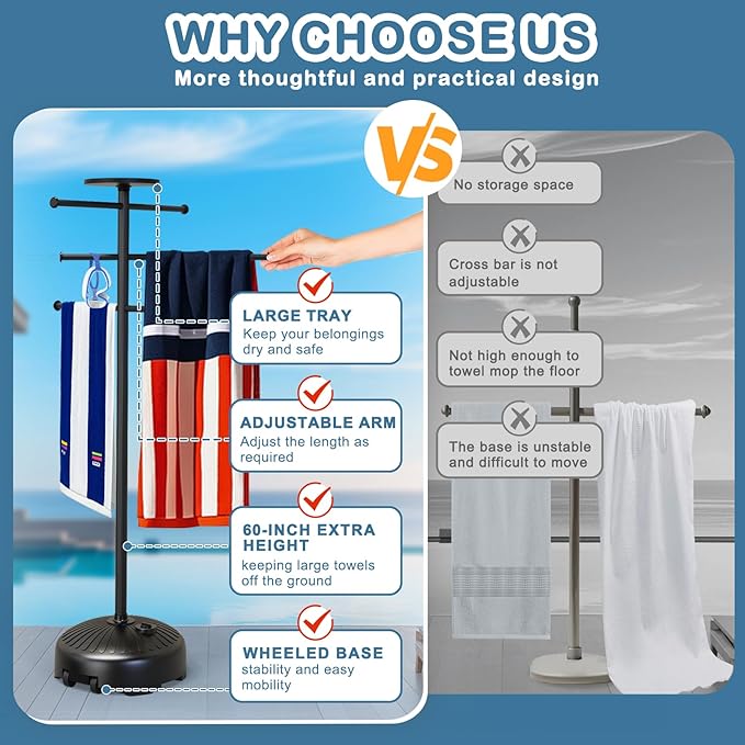 Pool Towel Rack with Wheels for Indoor Outdoor Use, 63 Inch Towel Holder with Storage Tray, 6 Adjustable Bars Hot Tub Accessories, Free Standing Towel Rack for Pool, Spa, Hot Tub