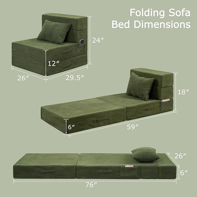Folding Sofa Bed, 4 in 1 Convertible Sleeper Chair with Pillow, Single Memory Foam Fold Out Chair Bed, Modern Floor Futon Sofa Couch Mattress for Living Room/Guest/Apartment, Green | Convertible