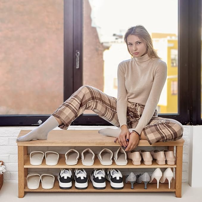 Shoe Rack Solid Wood Bench, 2-Tier Real Wooden Heavy Duty Shoe Storage Organizer Shelf for Entryway, Hallway, Mudroom, Living Room,Bedroom (Natural, 11.81"X39.4"X16.54")