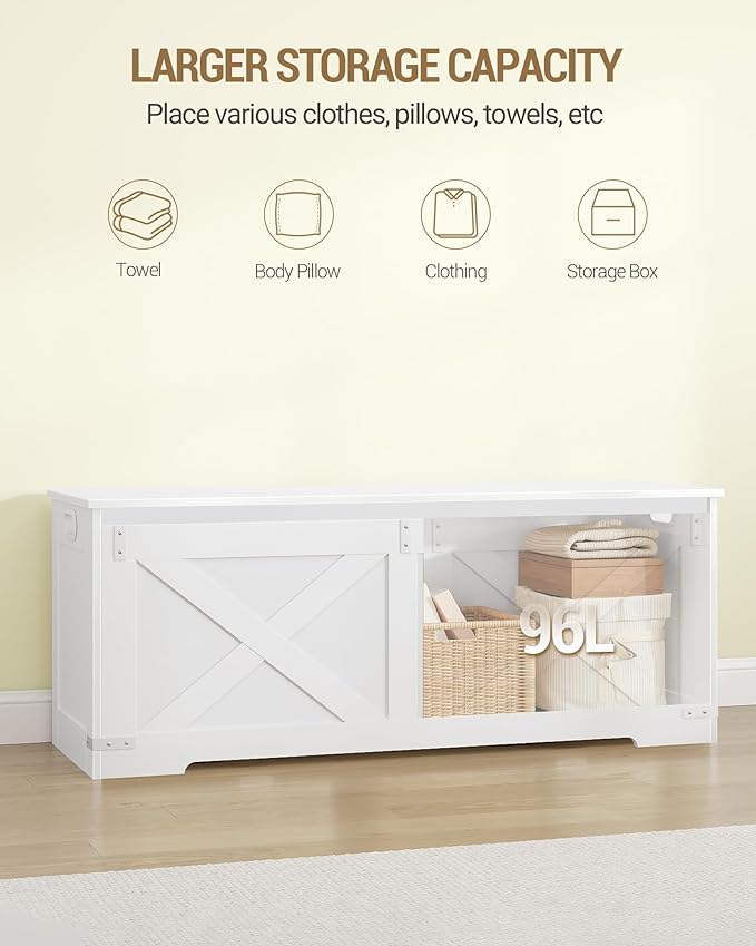 Hzuaneri 47.2" Storage Chest, Large Storage Trunk with 2 Hinges, Farmhouse Wooden Box Bench, Lift-Top Organizer Chest, Entryway Trunk for Bedroom, Living Room, White SB12103X