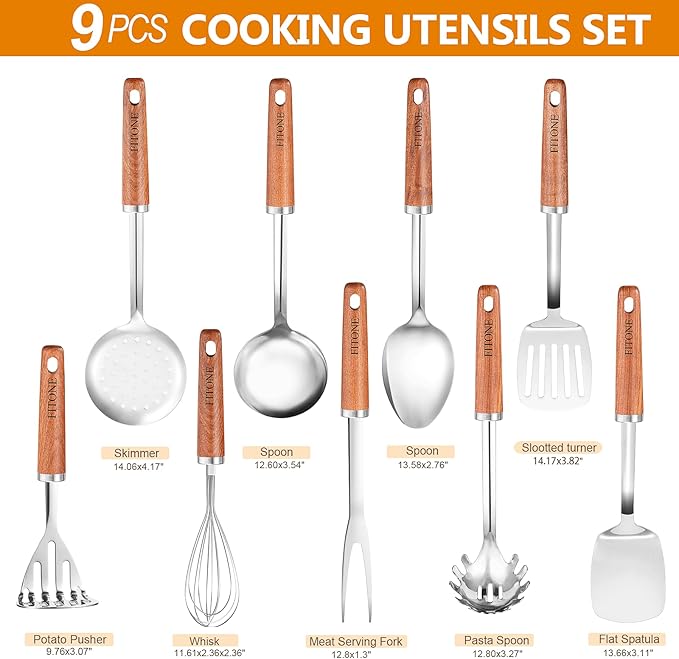 9PCS Stainless Steel Kitchen Utensils Set, Heavy Duty Wooden Handle Cooking Utensils, Metal Cookware Utensils with Spatula, Ladle, Skimmer, Spaghetti Spoon and Potato Masher, Easy to Clean