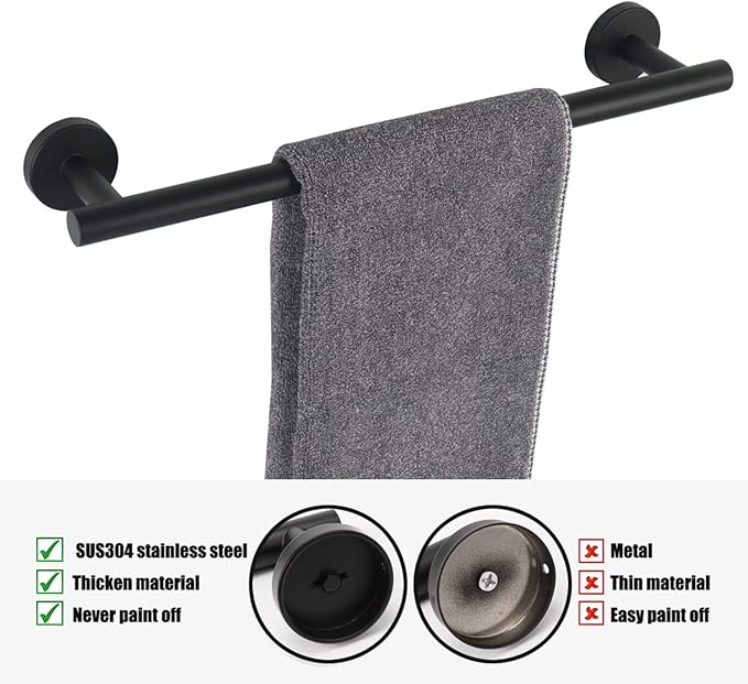 TocTen Bath Towel Bar - 2 Pack Thicken SUS304 Stainless Steel Towel Rack for Bathroom, Bathroom Hardware Accessories Towel Rod Heavy Duty Wall Mounted Towel Holder (16 Inch, Matte Black)