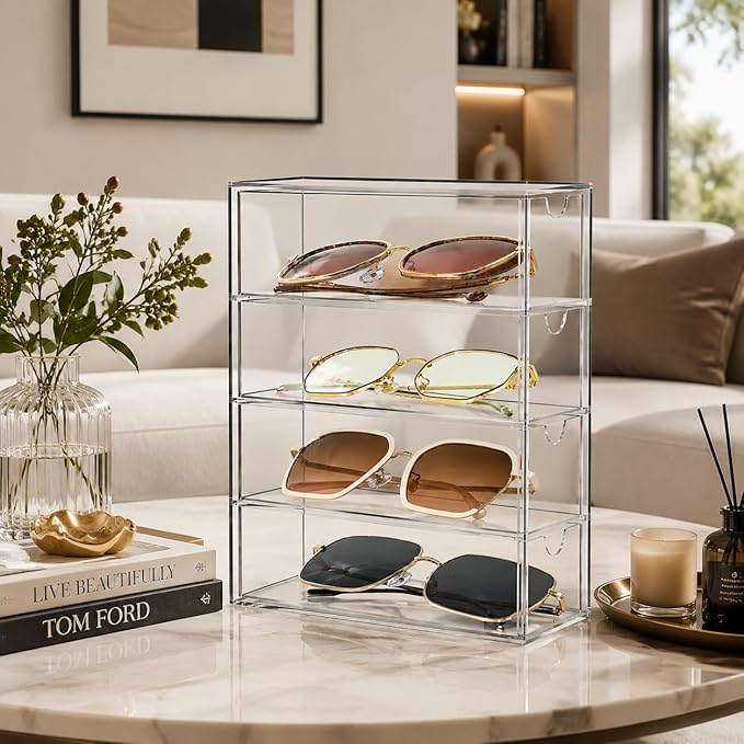 Fordonral Clear Plastic Organizer, Transparent Glasses Holder Storage Drawers, Sunglass Case Glasses Display Stand, Acrylic Organizers for Organizing Eyeglass, Hair Ties, Accessories