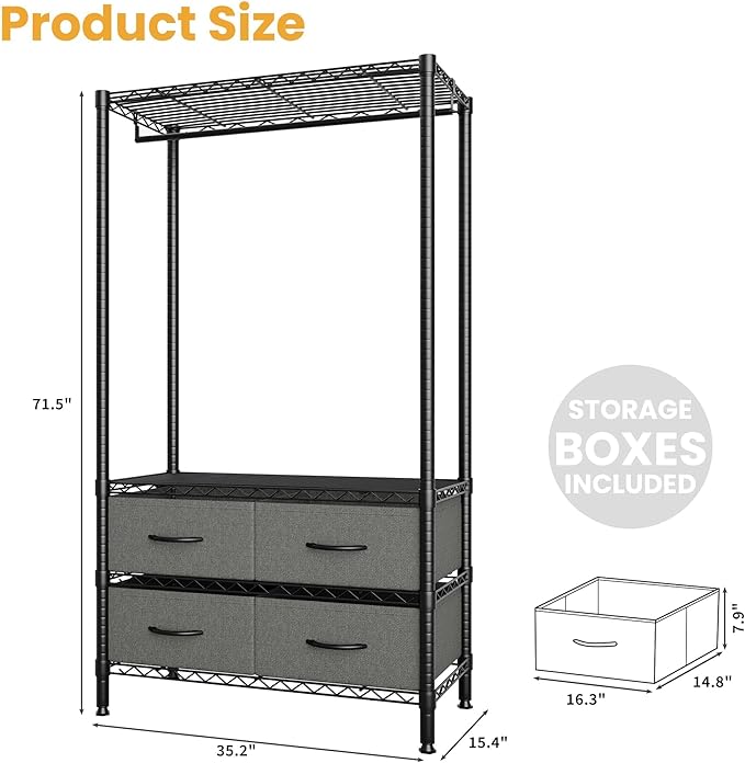35-Inch Freestanding Garment Rack with Adjustable Shelves and Four Fabric Drawers, Heavy Duty Clothing Organizer for Bedroom, Closet, or Dorm, Black