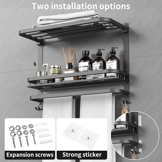 CAXIMSY 22.8Inch Towel Rack for Bathroom and Lavatory Towel Hanger with Wall Mount Towel Bars 304 Stainless Steel No Drill (Collapsible Black Towel Rack with Bathroom Organize Shower Shelves)