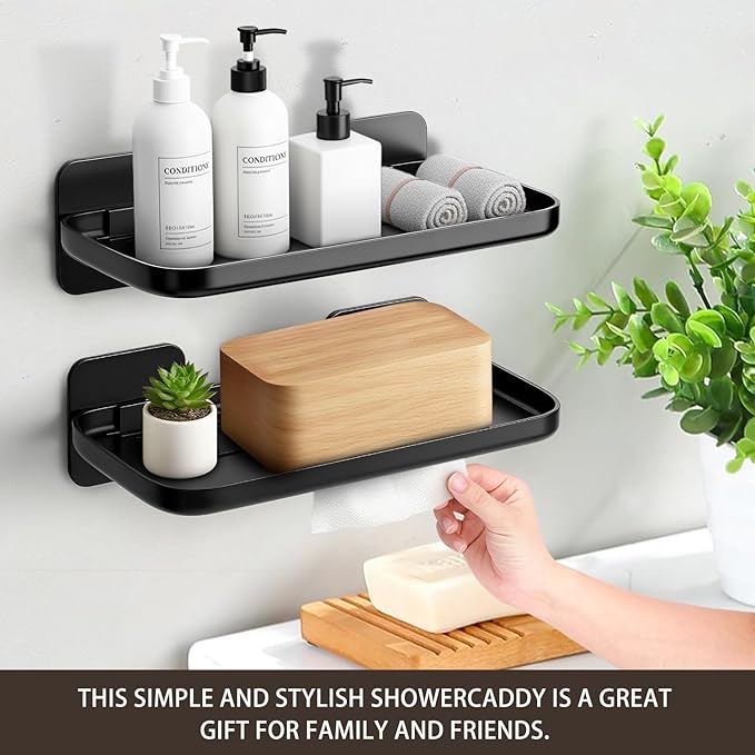FAYYGYH 2 Pack Adhesive Floating Shelves No Drill Small Floating Shelf for Wall Storage Damage-Free Wall Mounted Organizer for Bathroom, Kitchen, Bedroom & Office (Black-4pcs)